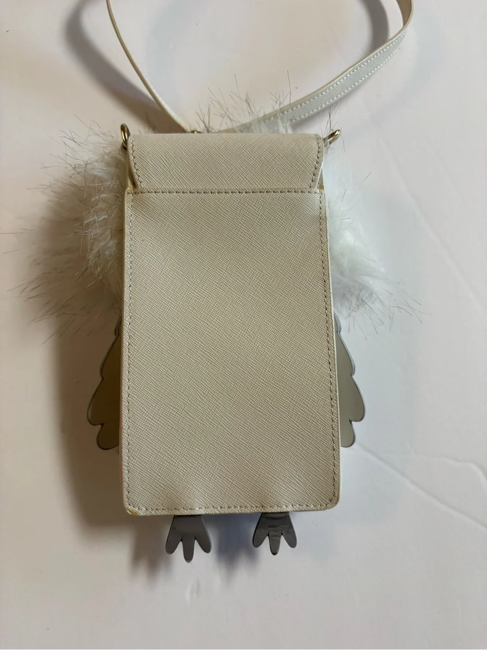 Kate Spade Cream and Gray Owl Crossbody Purse with Fur Trim
